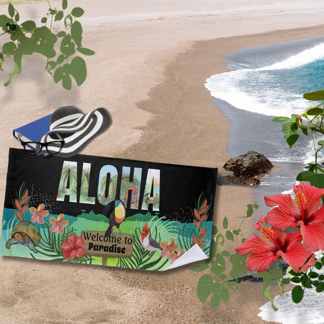Toalla De Playa Vibrante acuarela Aloha Paraíso tropical (Vibrant Watercolor Aloha Tropical Paradise Beach Towel )