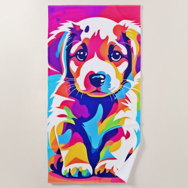 Toalla De Playa Vibrante Arte De Cachorro (Anverso)