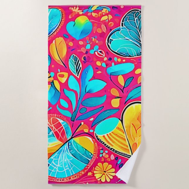 Toalla De Playa Vibrante arte del corazón floral (Anverso)
