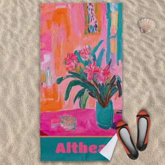 Toalla De Playa Vibrante Base Fauvista de Flores Rosa