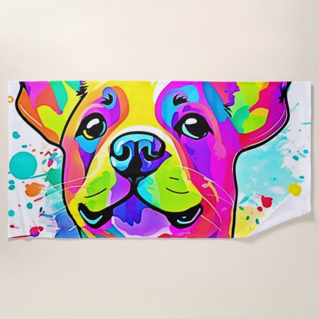 Toalla De Playa Vibrante Bulldog Frenchie Arte Cachorro (Anverso)