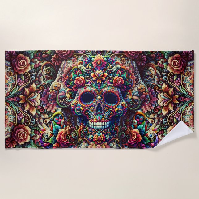 Toalla De Playa Vibrante Floral Super Sugar Skull (Anverso)