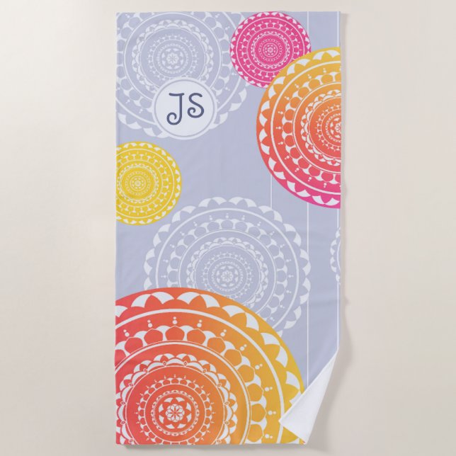 Toalla De Playa Vibrante rosado amarillo aleatorio Mandala Monogra (Anverso)