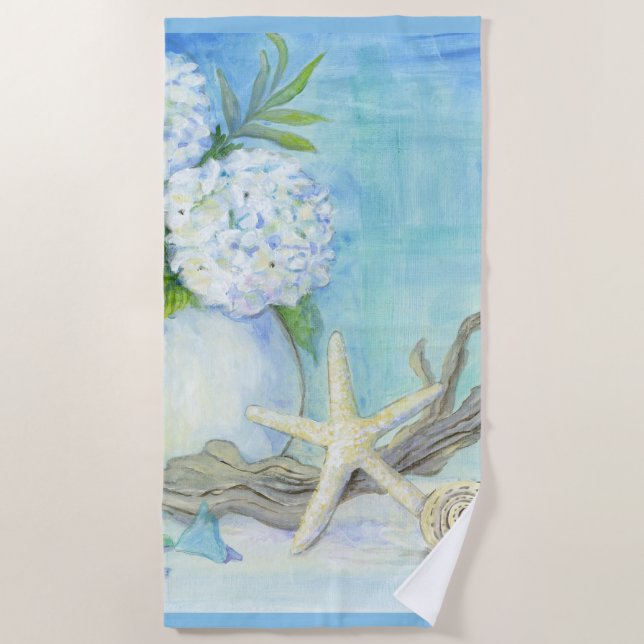 Toalla De Playa Vidrio marino Starfish Blue Beach White Seashell (Anverso)