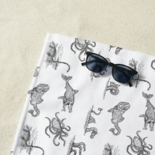 Toalla De Playa Vintage Black & White Sea Monster Line Art Beach
