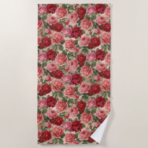 Toalla De Playa Vintage Elegante Floral Roja Rosa en Oro Rosa Rosa
