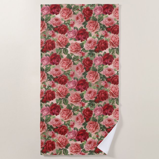 Toalla De Playa Vintage Elegante Floral Roja Rosa en Oro Rosa Rosa (Anverso)