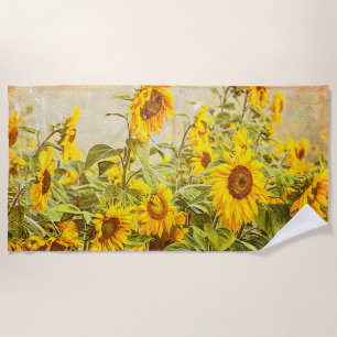 Toalla De Playa Vintage ruso verde amarillo de campo girasol