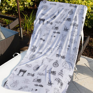 Toalla De Playa Vintage Science Ilustraciones Black White Pattern