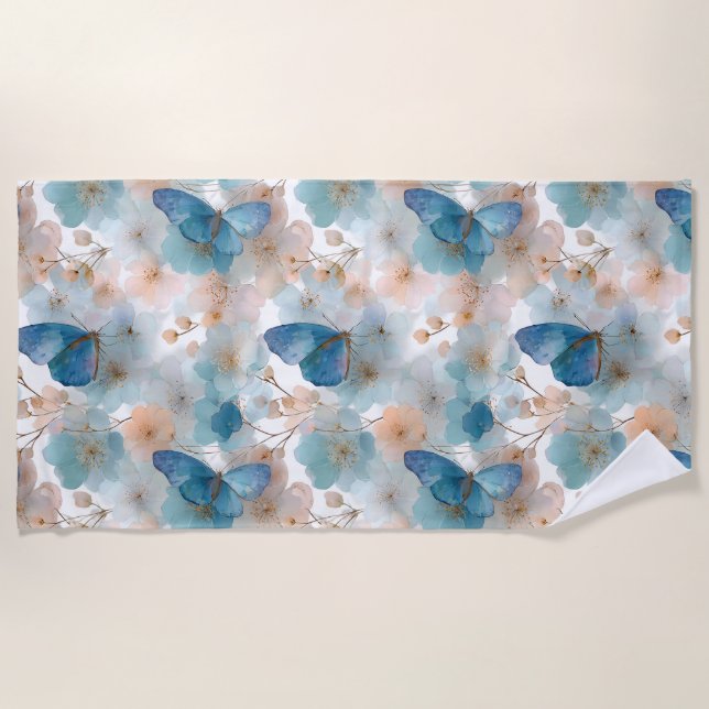 Toalla De Playa Vintage Spring Flowers & Blue Butterfly (Anverso)