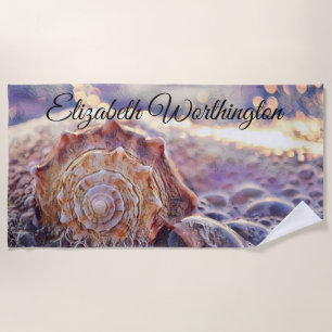 Toalla De Playa Vintage Watercolor Purple Pink Seashell