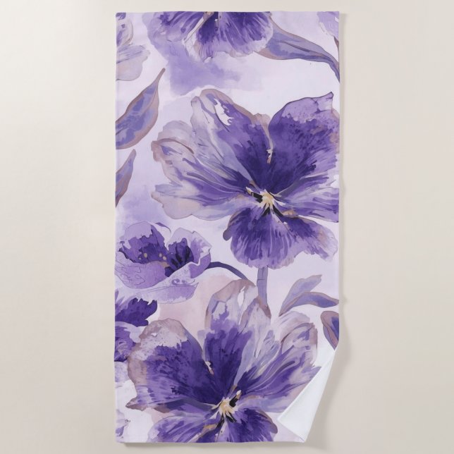 Toalla De Playa Violet Blooms Watercolor Purple Flowers Painted (Anverso)
