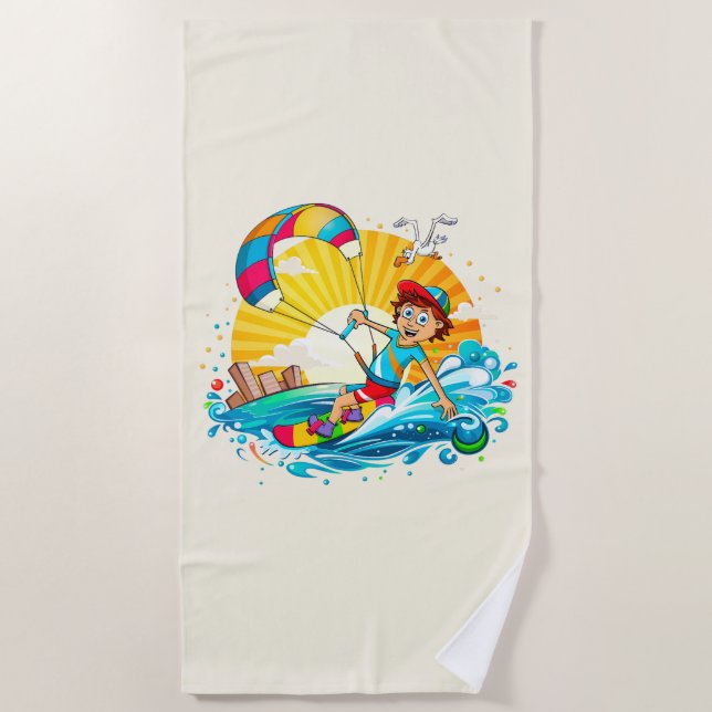 Toalla De Playa Vrolijke kite surfing illustratie.  (Anverso)