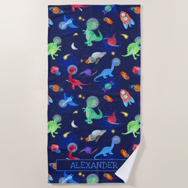 Toalla De Playa Watercolor Dinosaur Astronauts In Space Blue (Anverso)