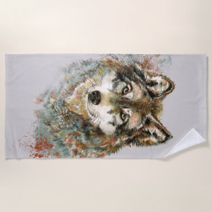 Toalla De Playa Watercolor Gray Wolf Animal Wildlife Nature Art