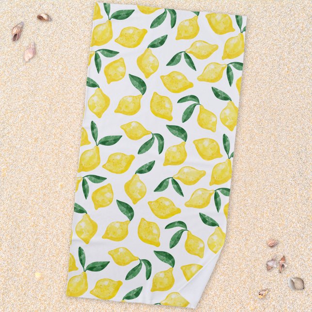 Toalla De Playa Watercolor Lemon Citrus Mediterráneo (Mediterranean citrus lemon watercolor pattern beach towel)