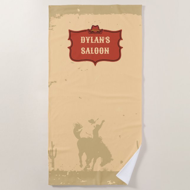 Toalla De Playa Western Cowboy Monograma Rústico Nombre Saloon (Anverso)
