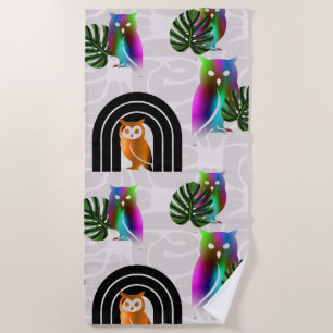 Toalla De Playa Whimsical Boho Owl & Tropical Monstera Leaf