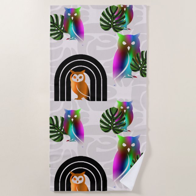 Toalla De Playa Whimsical Boho Owl & Tropical Monstera Leaf (Anverso)