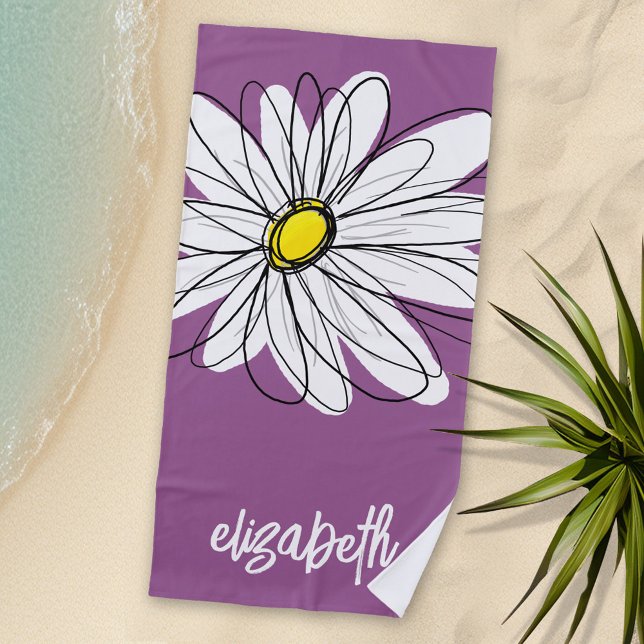 Toalla De Playa Whimsical Daisy - orquídea - nombre de guión moder (Personalized Beach Towel with Daisy and Text)