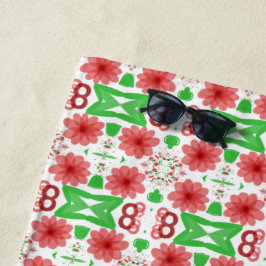 Toalla De Playa Whimsical Red Flowers Green Leaves On White Art
