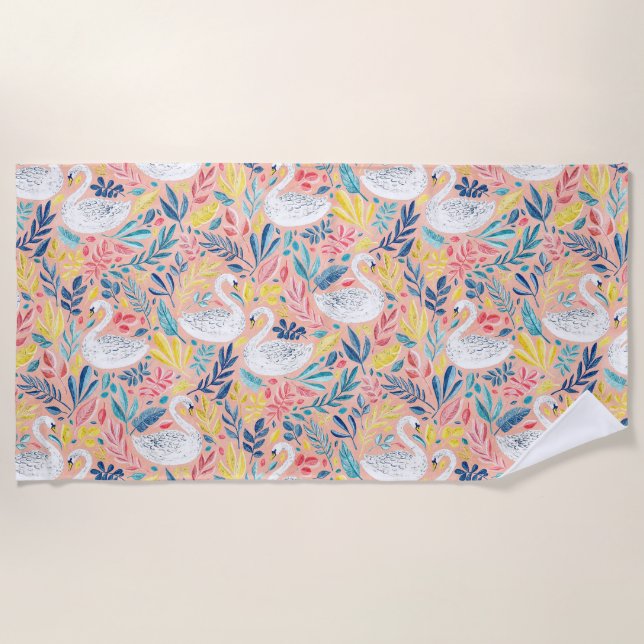 Toalla De Playa Whimsical Sweet Swans on Pale Pink (Anverso)