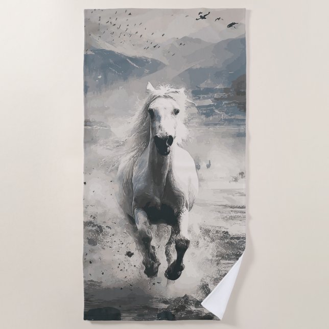 Toalla De Playa White Horse Running Through Water (Anverso)