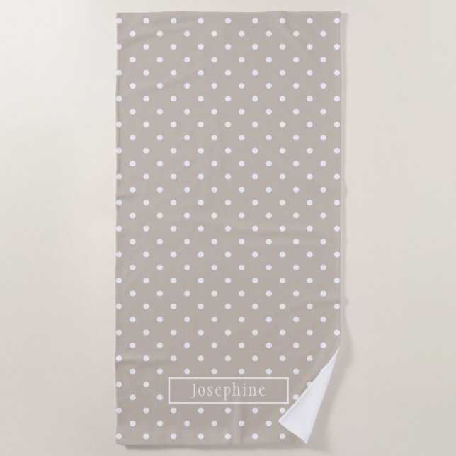 Toalla De Playa White On Beige Polka Dots Pattern With Custom Name (Anverso)