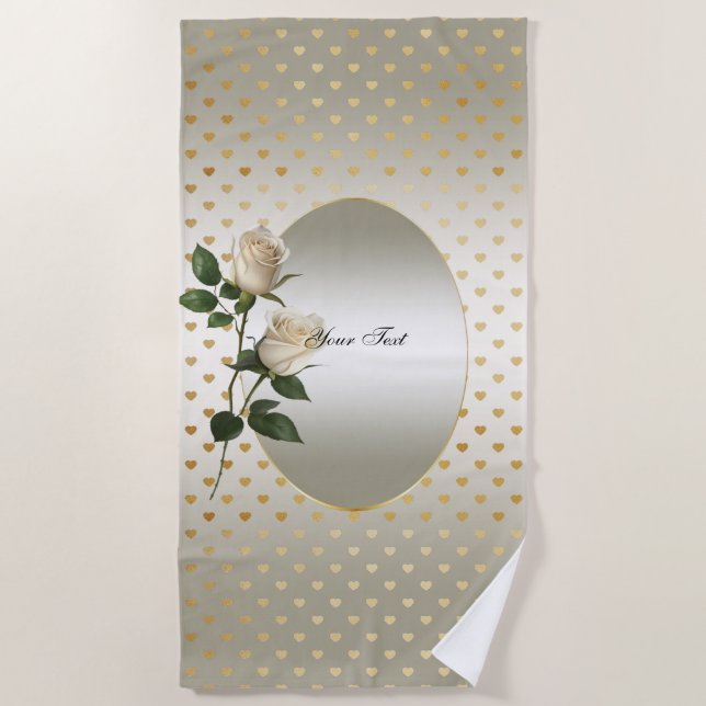 Toalla de playa White Roses Gold Hearts (Anverso)