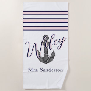 Toalla De Playa Wifey Nautical Monograma Anclaje azul de la Marina