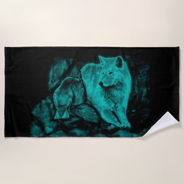Toalla De Playa Wolf y Raven en la noche (Anverso)