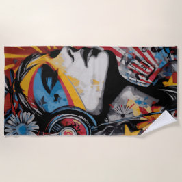 Toalla De Playa Woman with Headphones Street Art Portrait