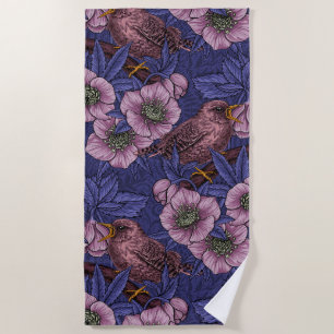 Toalla De Playa Wren y hellebore, violeta y rosa
