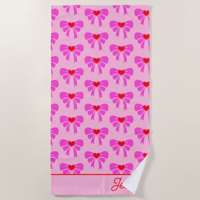 Toalla De Playa Y2k Coquette Ribbon Pattern Red & Pink Preppy Name (Anverso)