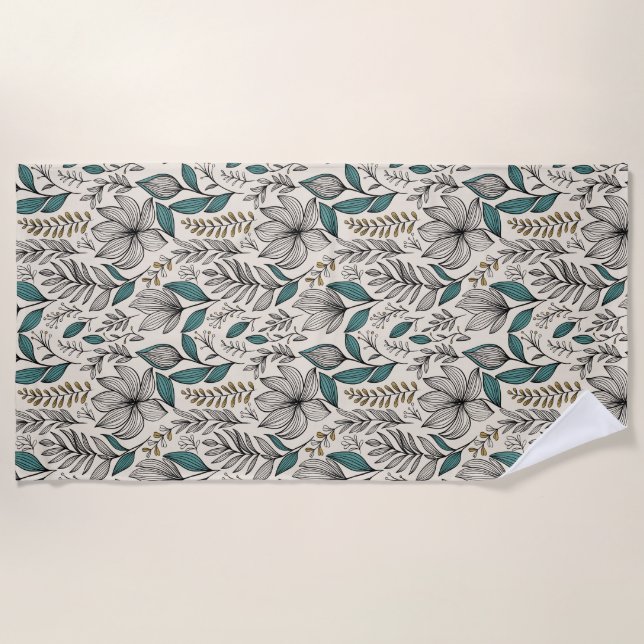 Toalla De Playa Yellow-Teal Hand Drawn Floral (Anverso)