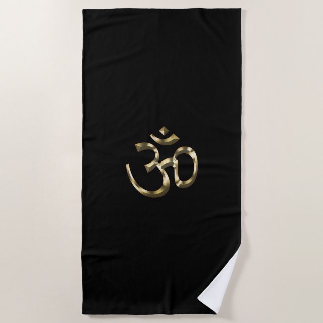 Toalla De Playa Yoga, Om Aum Icon, Hinduismo Symbol, oro negro (Anverso)
