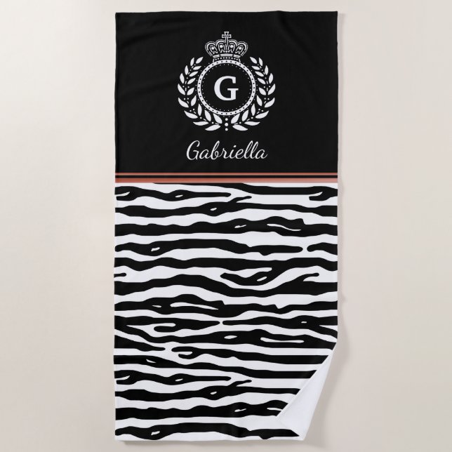 Toalla De Playa Zebra Stripes Laurel Wreath Crown Black White Name (Anverso)