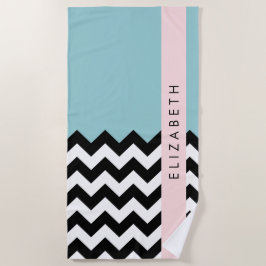 Toalla De Playa Zigzag negro y blanco, chevron, azul, tu nombre