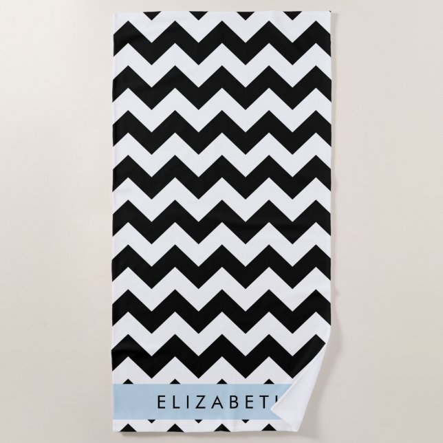 Toalla De Playa Zigzag negro y blanco, patrón de cheurón, nombre (Anverso)