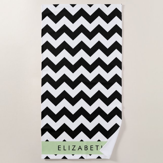 Toalla De Playa Zigzag negro y blanco, patrón de cheurón, nombre (Anverso)