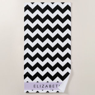 Toalla De Playa Zigzag negro y blanco, patrón de cheurón, nombre