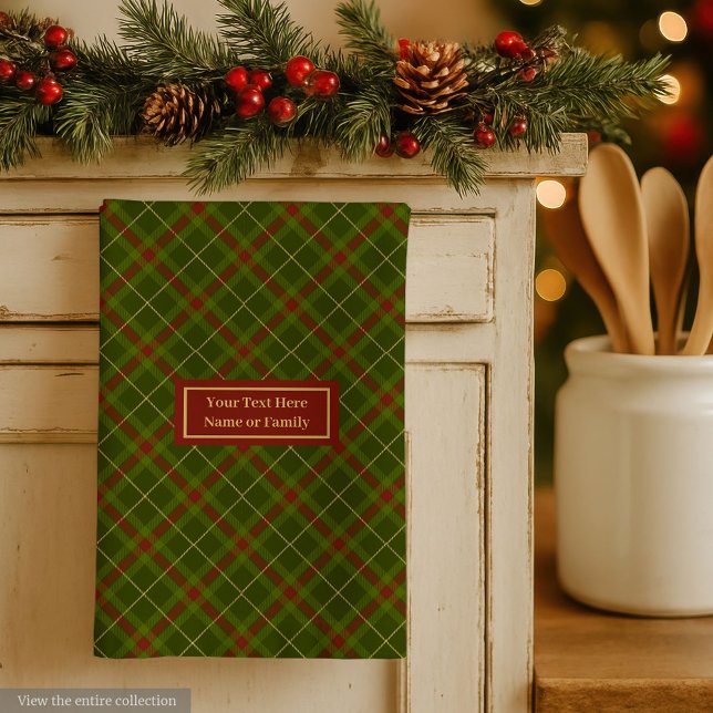 Toalla de tartán de otoño verde oliva rústica con  (Trendy Plaid Hand Towel Thanksgiving Monogram Style)