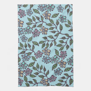 Toalla de té azul claro floral con pastel multicol