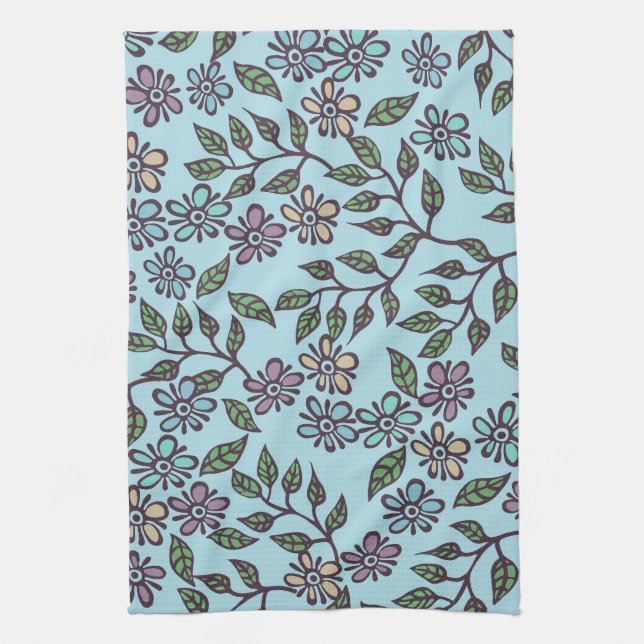Toalla de té azul claro floral con pastel multicol (Vertical)