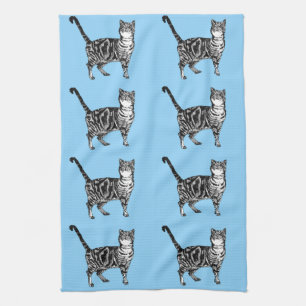 Toalla de té azul con luz de gato en tabby