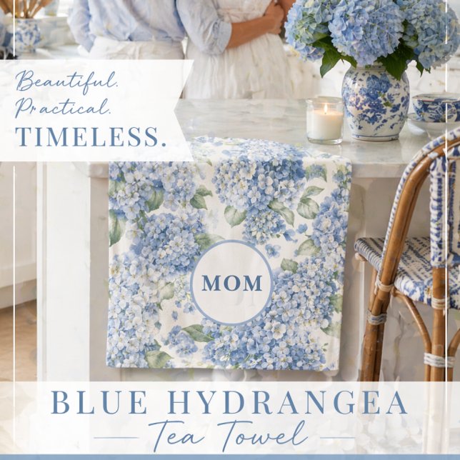 Toalla de té Blue Hydrangea MOM Regalo Costero (Looking for the perfect gift for Mom? This elegant blue hydrangea tea towel is timeless and charming)