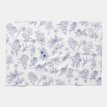 Toalla de té clásica floral azul y blanca