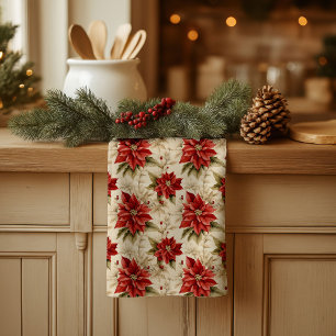 Toalla de té clásica navideña estilo floral rojo r