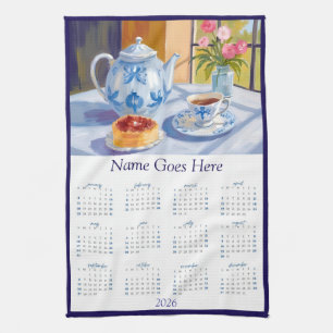 Toalla de té con calendario 2026 de tetera azul y