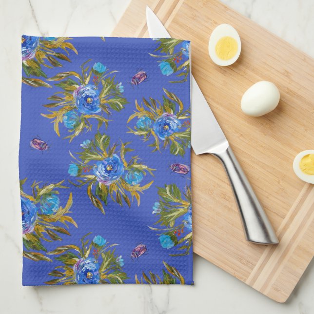 Toalla de té con flores pintadas a mano con tinta (Doblado Cuarto)